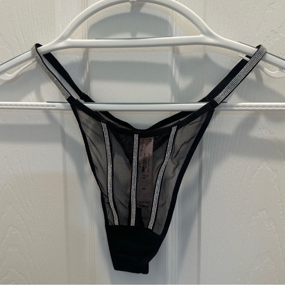 Victoria's Secret Very Sexy Black Sheer Mesh Thong with Rhinestone Straps